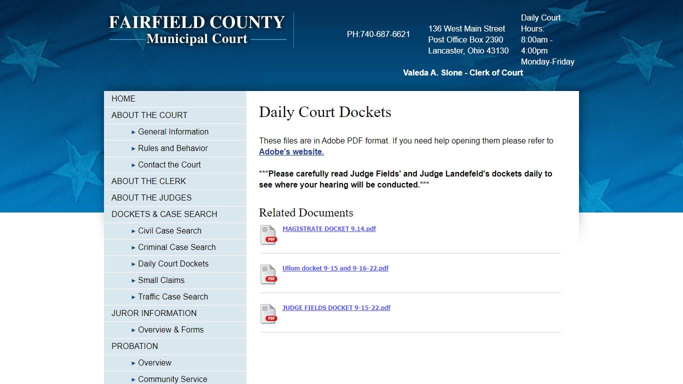 Daily Court Dockets - Fairfield County Municipal Court